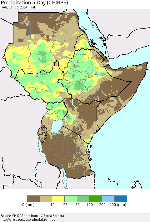 Eastern Africa Precipitation 5-Day (CHIRPS) Thematic Map For 8/11/2019 - 8/15/2019