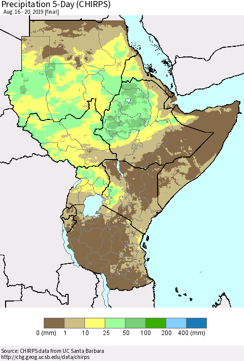 Eastern Africa Precipitation 5-Day (CHIRPS) Thematic Map For 8/16/2019 - 8/20/2019