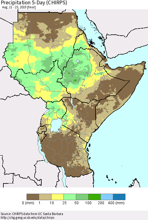 Eastern Africa Precipitation 5-Day (CHIRPS) Thematic Map For 8/21/2019 - 8/25/2019