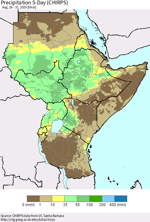 Eastern Africa Precipitation 5-Day (CHIRPS) Thematic Map For 8/26/2019 - 8/31/2019
