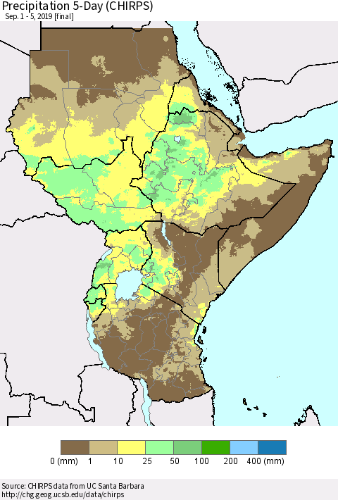 Eastern Africa Precipitation 5-Day (CHIRPS) Thematic Map For 9/1/2019 - 9/5/2019