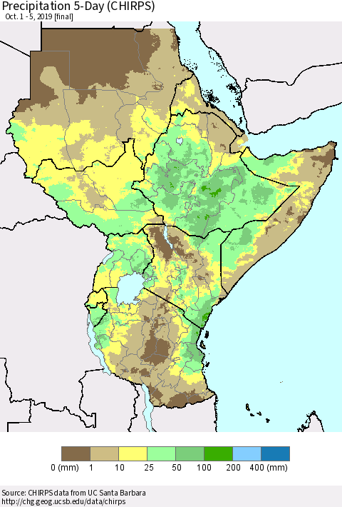 Eastern Africa Precipitation 5-Day (CHIRPS) Thematic Map For 10/1/2019 - 10/5/2019