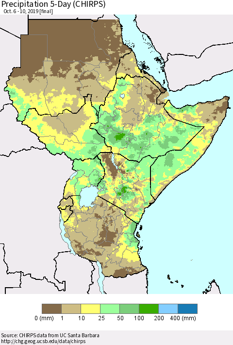 Eastern Africa Precipitation 5-Day (CHIRPS) Thematic Map For 10/6/2019 - 10/10/2019