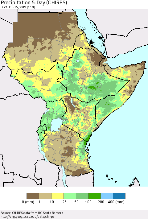 Eastern Africa Precipitation 5-Day (CHIRPS) Thematic Map For 10/11/2019 - 10/15/2019