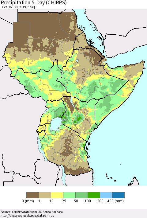 Eastern Africa Precipitation 5-Day (CHIRPS) Thematic Map For 10/16/2019 - 10/20/2019