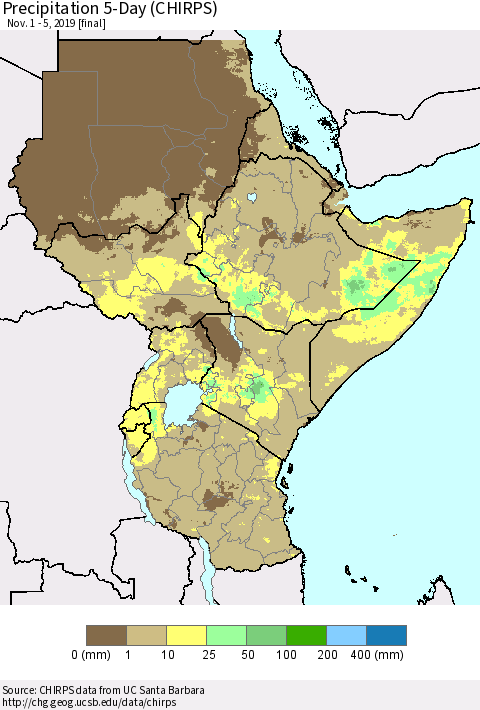 Eastern Africa Precipitation 5-Day (CHIRPS) Thematic Map For 11/1/2019 - 11/5/2019
