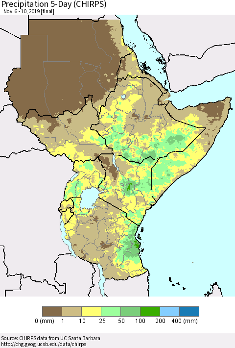 Eastern Africa Precipitation 5-Day (CHIRPS) Thematic Map For 11/6/2019 - 11/10/2019