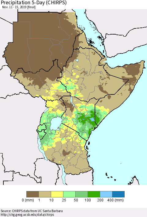 Eastern Africa Precipitation 5-Day (CHIRPS) Thematic Map For 11/11/2019 - 11/15/2019