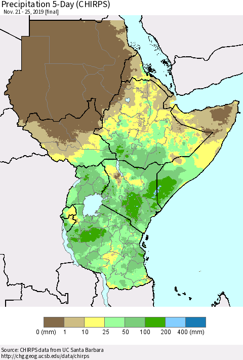 Eastern Africa Precipitation 5-Day (CHIRPS) Thematic Map For 11/21/2019 - 11/25/2019