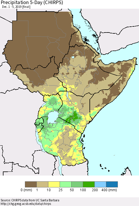 Eastern Africa Precipitation 5-Day (CHIRPS) Thematic Map For 12/1/2019 - 12/5/2019