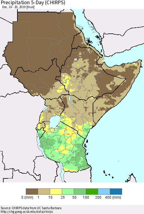 Eastern Africa Precipitation 5-Day (CHIRPS) Thematic Map For 12/16/2019 - 12/20/2019