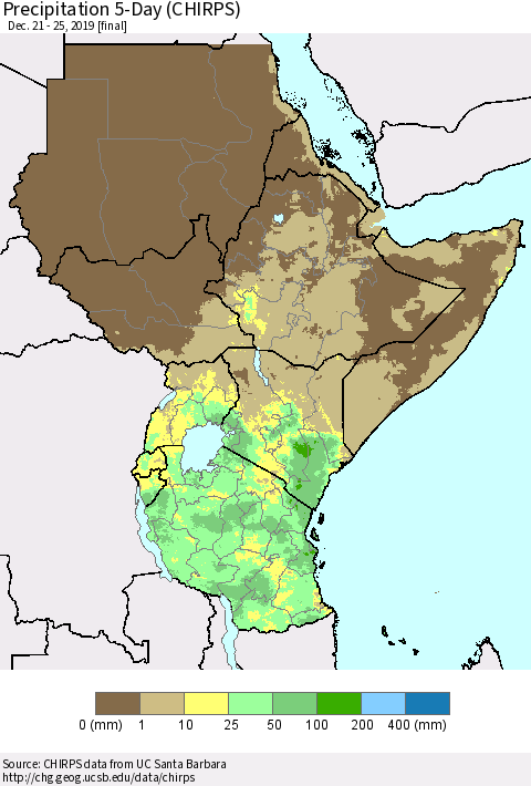 Eastern Africa Precipitation 5-Day (CHIRPS) Thematic Map For 12/21/2019 - 12/25/2019