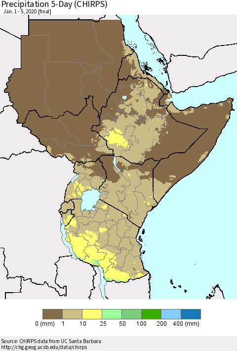 Eastern Africa Precipitation 5-Day (CHIRPS) Thematic Map For 1/1/2020 - 1/5/2020