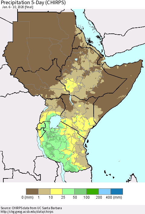 Eastern Africa Precipitation 5-Day (CHIRPS) Thematic Map For 1/6/2020 - 1/10/2020