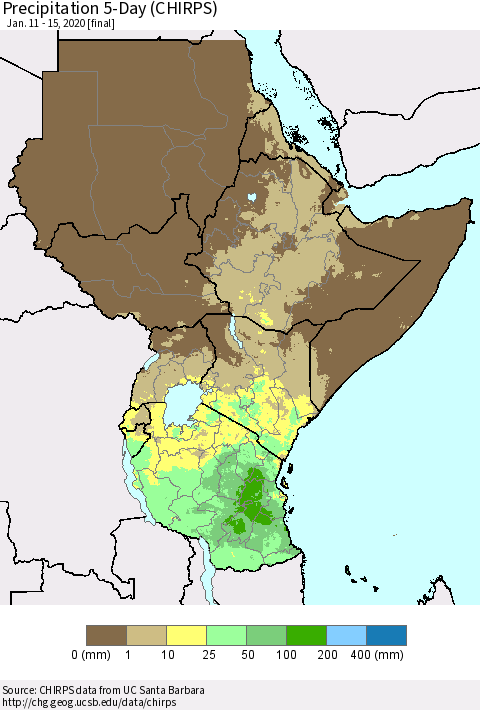 Eastern Africa Precipitation 5-Day (CHIRPS) Thematic Map For 1/11/2020 - 1/15/2020