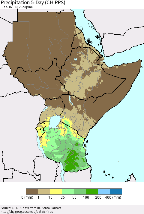Eastern Africa Precipitation 5-Day (CHIRPS) Thematic Map For 1/16/2020 - 1/20/2020