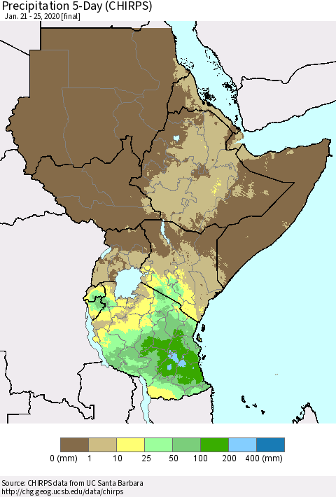 Eastern Africa Precipitation 5-Day (CHIRPS) Thematic Map For 1/21/2020 - 1/25/2020