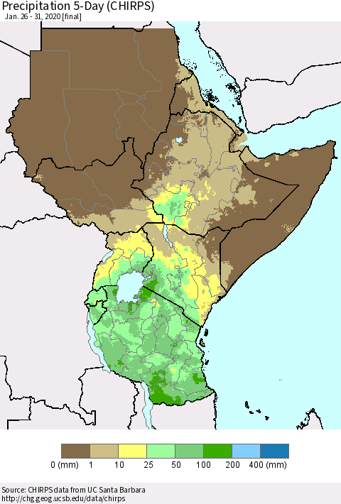 Eastern Africa Precipitation 5-Day (CHIRPS) Thematic Map For 1/26/2020 - 1/31/2020
