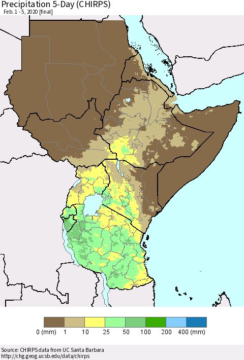 Eastern Africa Precipitation 5-Day (CHIRPS) Thematic Map For 2/1/2020 - 2/5/2020