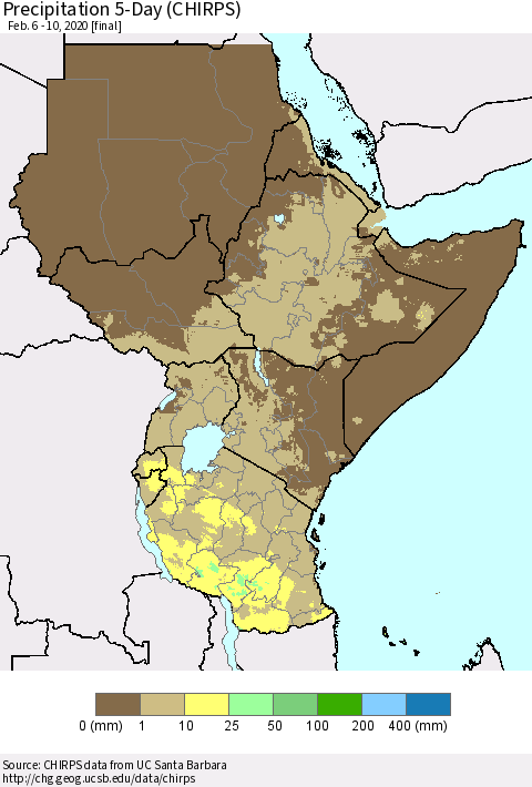 Eastern Africa Precipitation 5-Day (CHIRPS) Thematic Map For 2/6/2020 - 2/10/2020