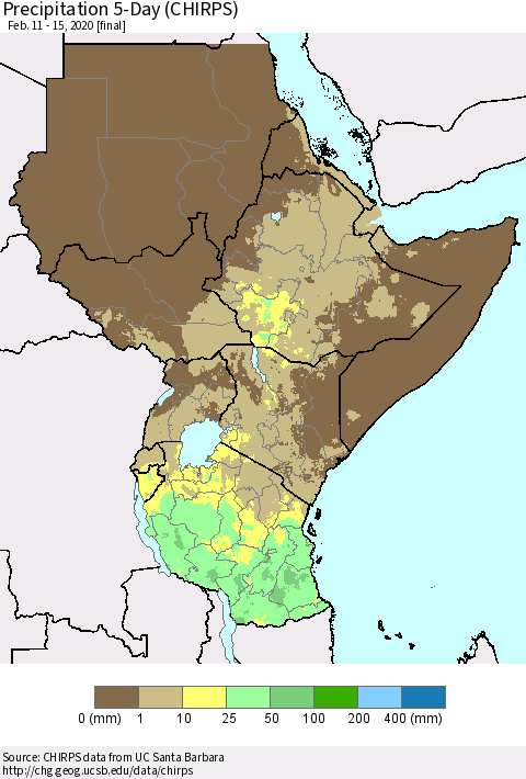 Eastern Africa Precipitation 5-Day (CHIRPS) Thematic Map For 2/11/2020 - 2/15/2020