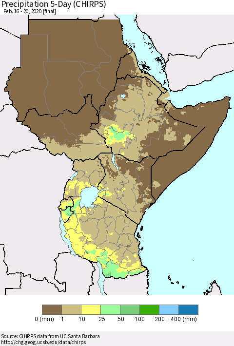 Eastern Africa Precipitation 5-Day (CHIRPS) Thematic Map For 2/16/2020 - 2/20/2020