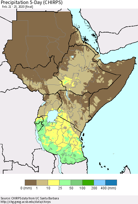 Eastern Africa Precipitation 5-Day (CHIRPS) Thematic Map For 2/21/2020 - 2/25/2020