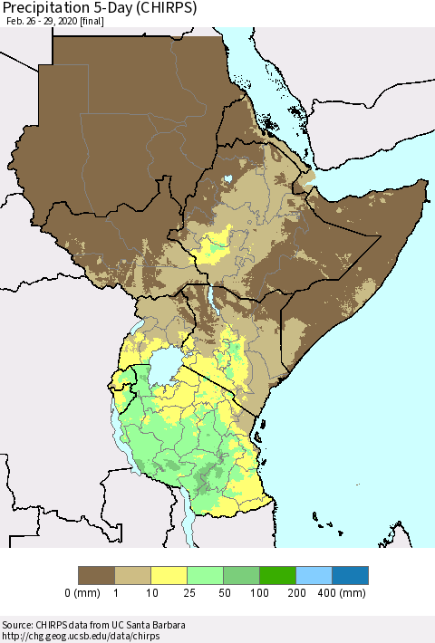 Eastern Africa Precipitation 5-Day (CHIRPS) Thematic Map For 2/26/2020 - 2/29/2020