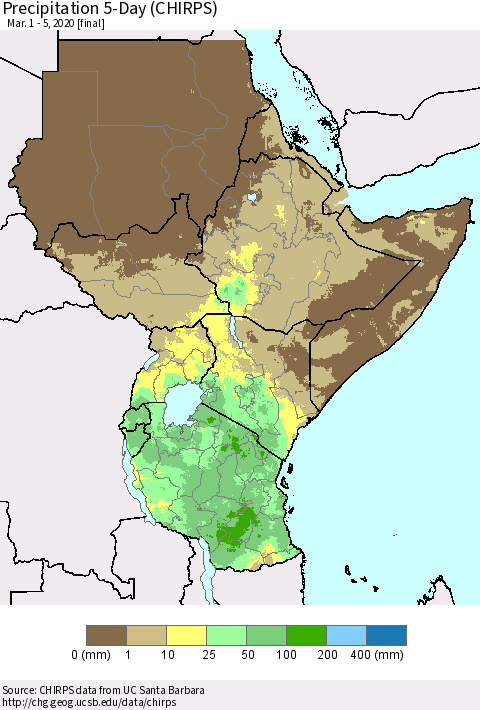 Eastern Africa Precipitation 5-Day (CHIRPS) Thematic Map For 3/1/2020 - 3/5/2020
