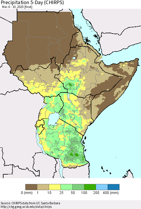 Eastern Africa Precipitation 5-Day (CHIRPS) Thematic Map For 3/6/2020 - 3/10/2020