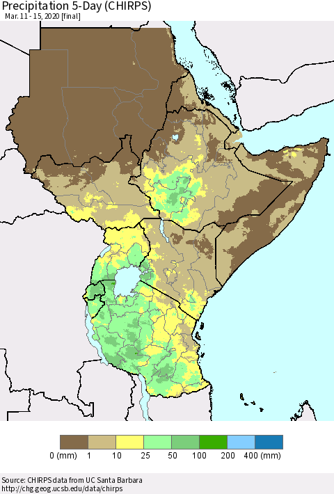 Eastern Africa Precipitation 5-Day (CHIRPS) Thematic Map For 3/11/2020 - 3/15/2020
