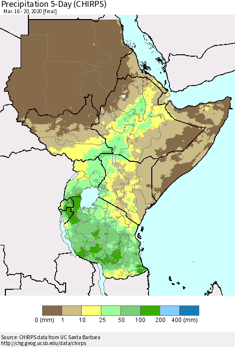 Eastern Africa Precipitation 5-Day (CHIRPS) Thematic Map For 3/16/2020 - 3/20/2020