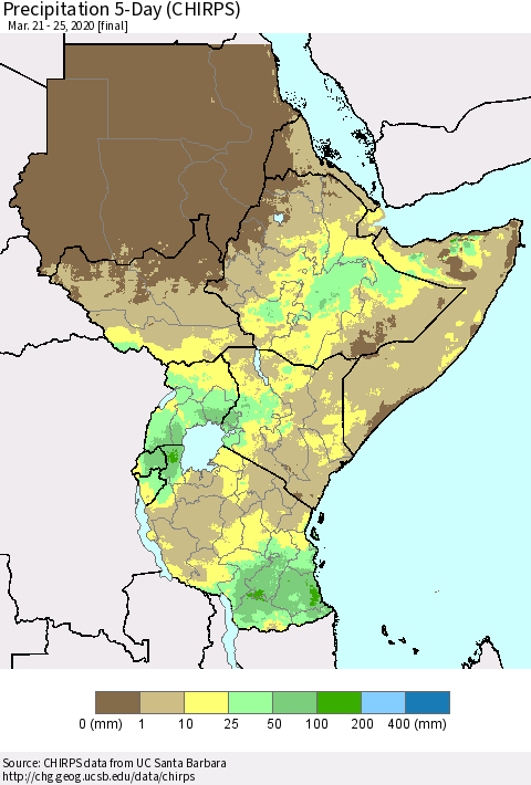Eastern Africa Precipitation 5-Day (CHIRPS) Thematic Map For 3/21/2020 - 3/25/2020
