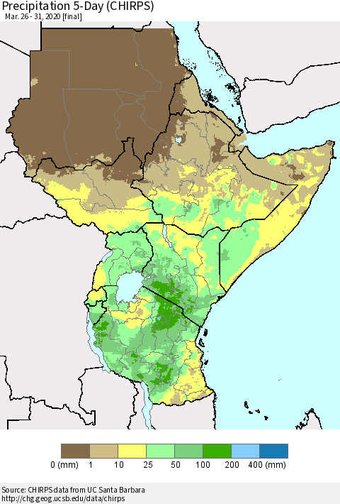 Eastern Africa Precipitation 5-Day (CHIRPS) Thematic Map For 3/26/2020 - 3/31/2020