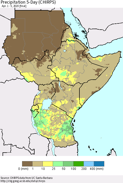 Eastern Africa Precipitation 5-Day (CHIRPS) Thematic Map For 4/1/2020 - 4/5/2020