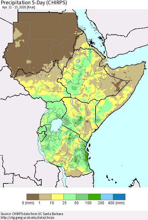 Eastern Africa Precipitation 5-Day (CHIRPS) Thematic Map For 4/11/2020 - 4/15/2020