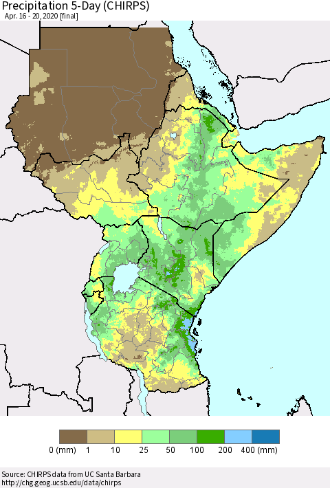 Eastern Africa Precipitation 5-Day (CHIRPS) Thematic Map For 4/16/2020 - 4/20/2020