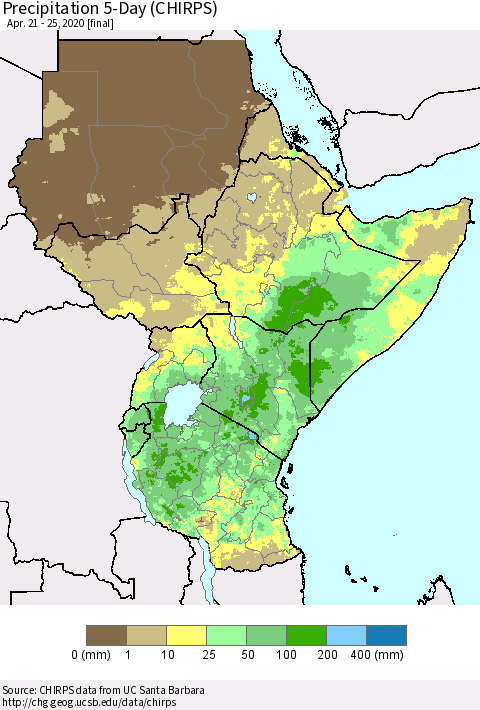 Eastern Africa Precipitation 5-Day (CHIRPS) Thematic Map For 4/21/2020 - 4/25/2020
