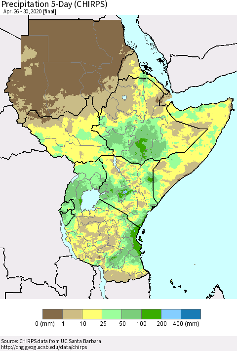 Eastern Africa Precipitation 5-Day (CHIRPS) Thematic Map For 4/26/2020 - 4/30/2020