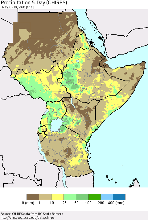 Eastern Africa Precipitation 5-Day (CHIRPS) Thematic Map For 5/6/2020 - 5/10/2020