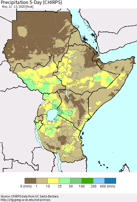 Eastern Africa Precipitation 5-Day (CHIRPS) Thematic Map For 5/11/2020 - 5/15/2020
