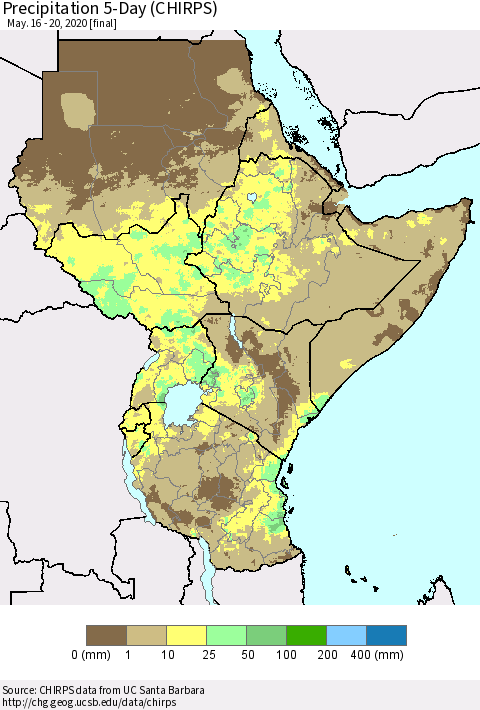 Eastern Africa Precipitation 5-Day (CHIRPS) Thematic Map For 5/16/2020 - 5/20/2020