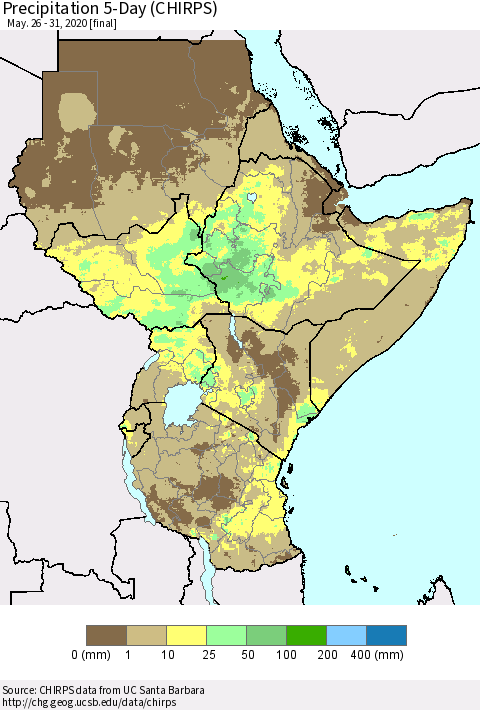 Eastern Africa Precipitation 5-Day (CHIRPS) Thematic Map For 5/26/2020 - 5/31/2020