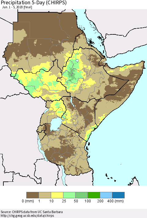 Eastern Africa Precipitation 5-Day (CHIRPS) Thematic Map For 6/1/2020 - 6/5/2020