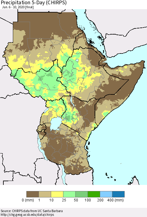 Eastern Africa Precipitation 5-Day (CHIRPS) Thematic Map For 6/6/2020 - 6/10/2020