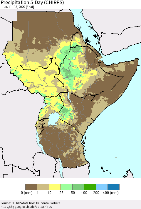 Eastern Africa Precipitation 5-Day (CHIRPS) Thematic Map For 6/11/2020 - 6/15/2020