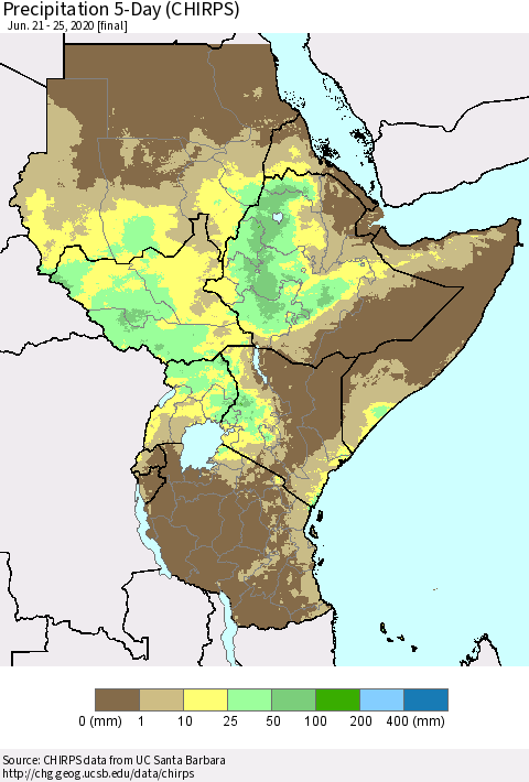 Eastern Africa Precipitation 5-Day (CHIRPS) Thematic Map For 6/21/2020 - 6/25/2020