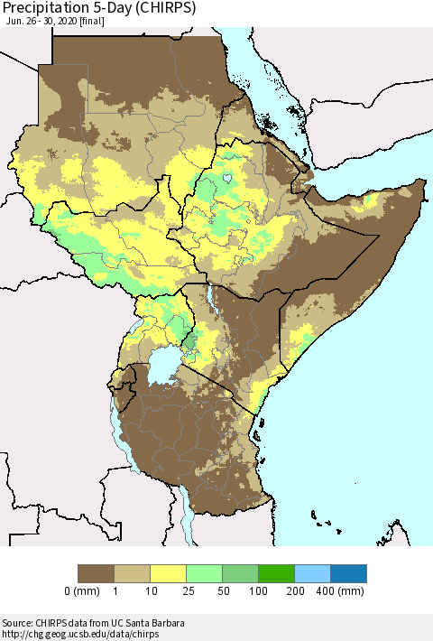 Eastern Africa Precipitation 5-Day (CHIRPS) Thematic Map For 6/26/2020 - 6/30/2020