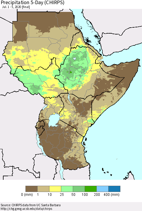 Eastern Africa Precipitation 5-Day (CHIRPS) Thematic Map For 7/1/2020 - 7/5/2020