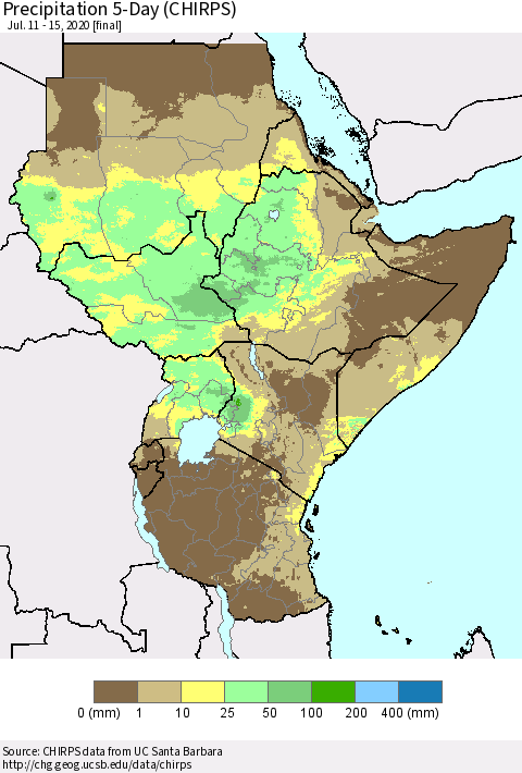 Eastern Africa Precipitation 5-Day (CHIRPS) Thematic Map For 7/11/2020 - 7/15/2020